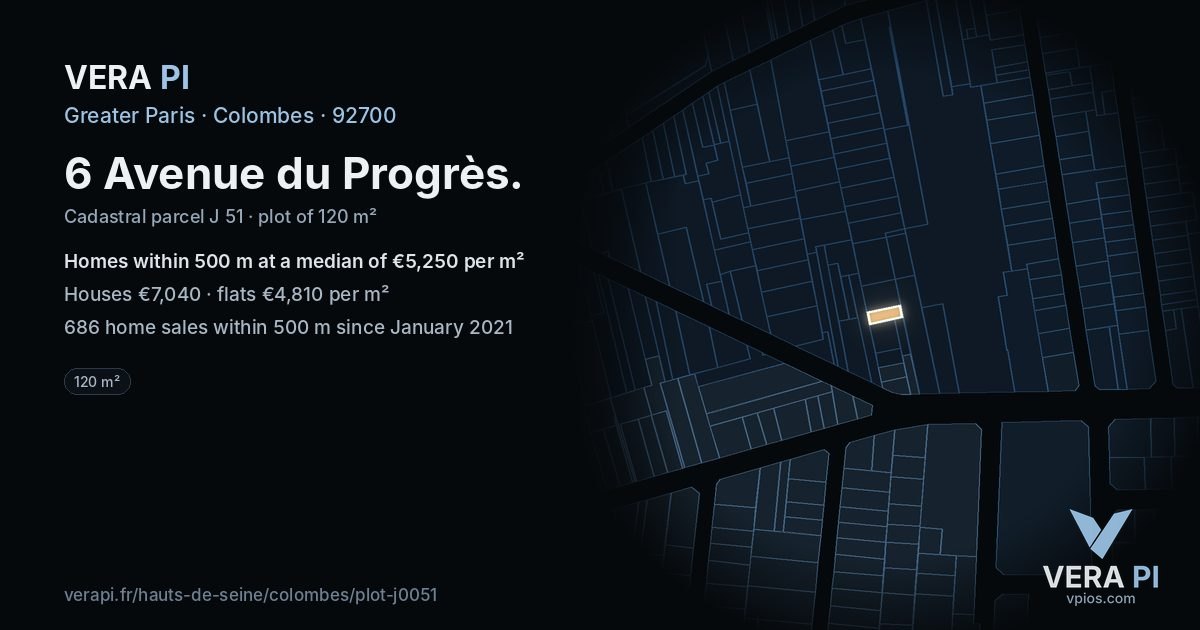 6 Avenue du Progrès, Colombes at night – the plot lit, the parcels around coloured by the prices near them