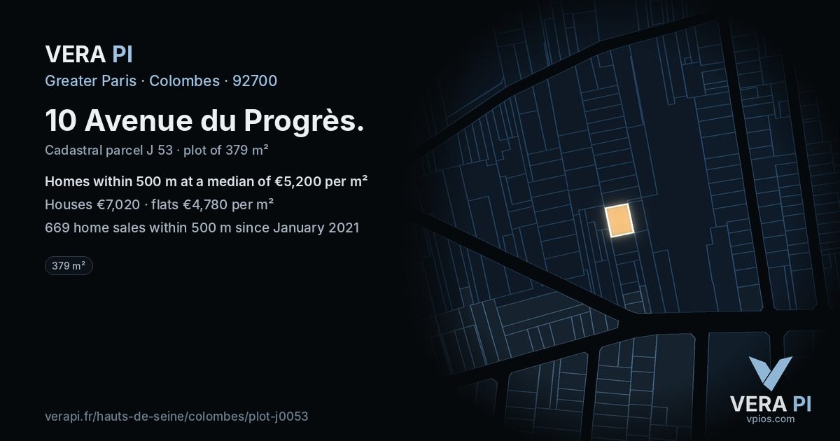 10 Avenue du Progrès, Colombes at night – the plot lit, the parcels around coloured by the prices near them