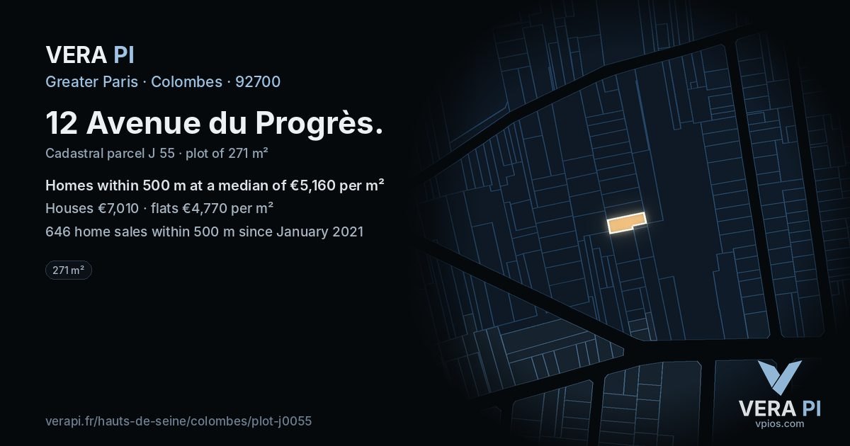 12 Avenue du Progrès, Colombes at night – the plot lit, the parcels around coloured by the prices near them