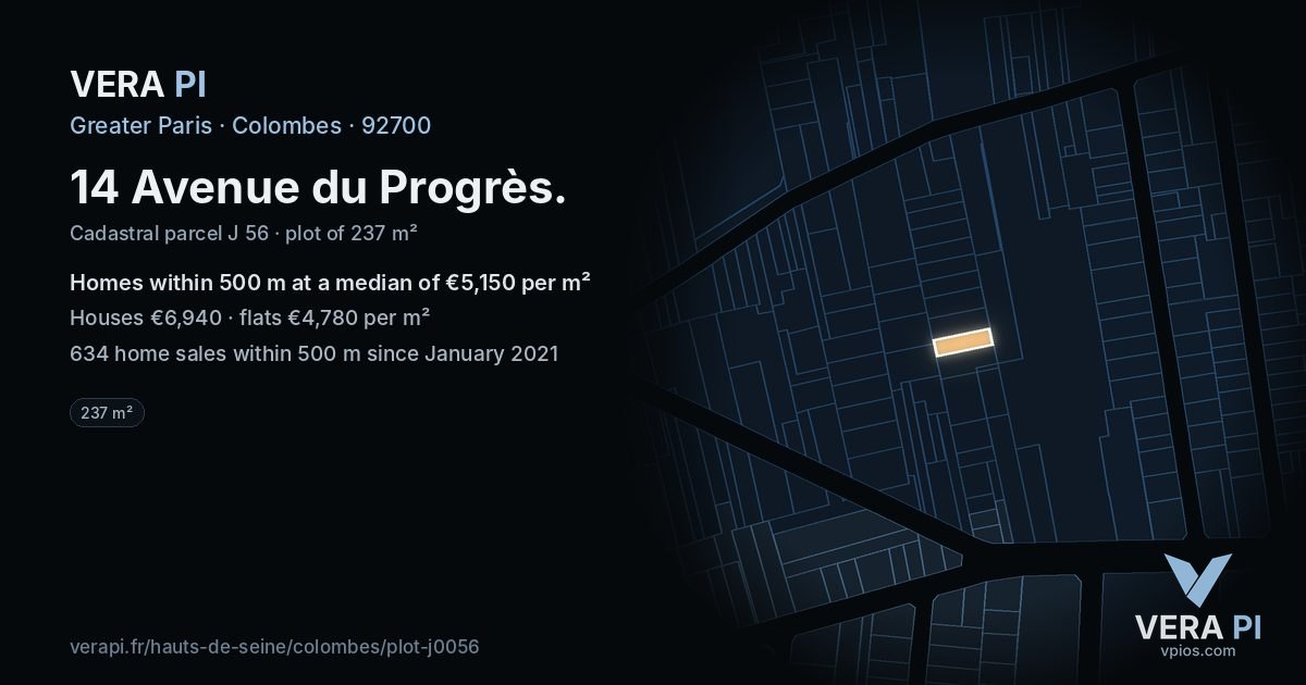 14 Avenue du Progrès, Colombes at night – the plot lit, the parcels around coloured by the prices near them