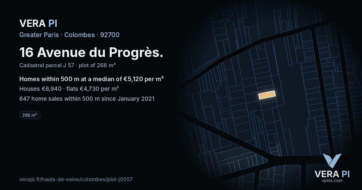 16 Avenue du Progrès, Colombes at night – the plot lit, the parcels around coloured by the prices near them