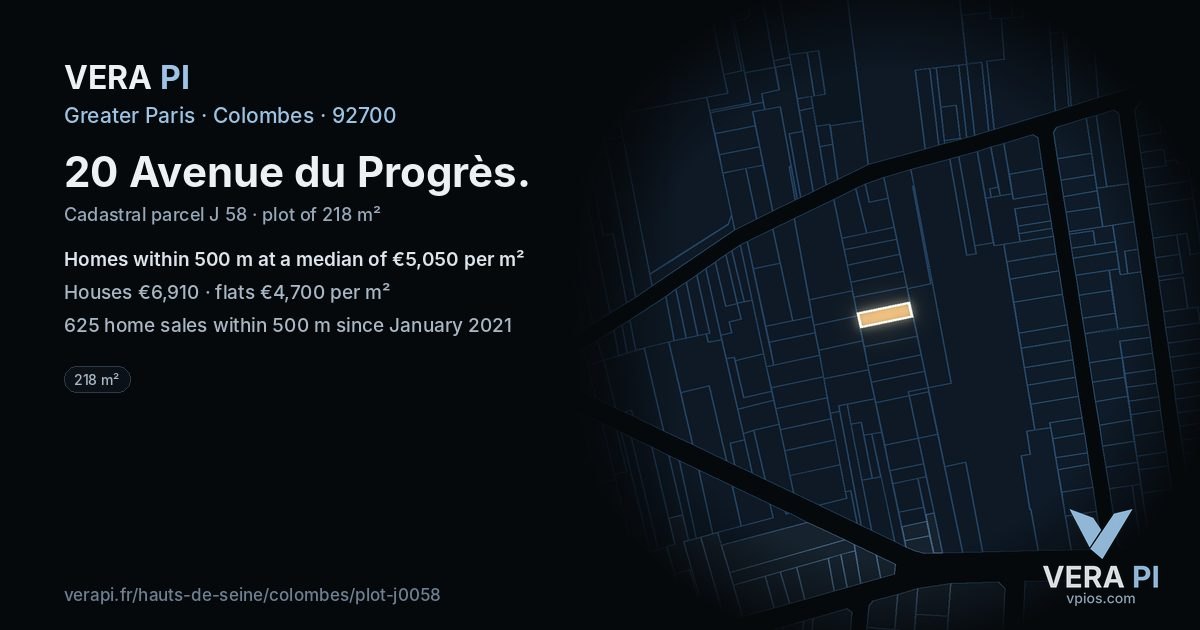 20 Avenue du Progrès, Colombes at night – the plot lit, the parcels around coloured by the prices near them