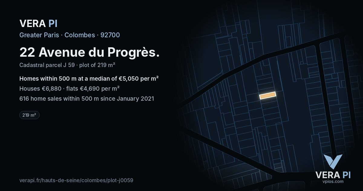 22 Avenue du Progrès, Colombes at night – the plot lit, the parcels around coloured by the prices near them
