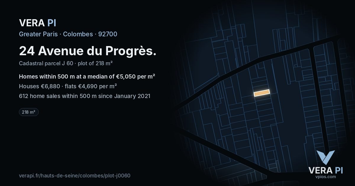 24 Avenue du Progrès, Colombes at night – the plot lit, the parcels around coloured by the prices near them