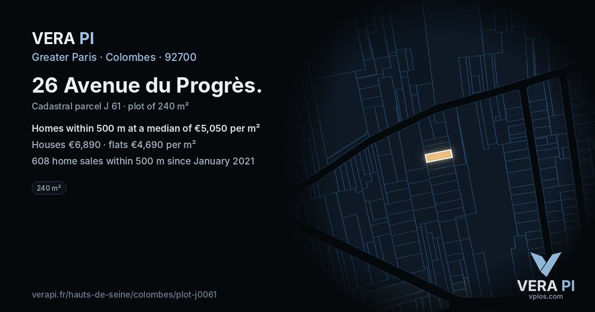 26 Avenue du Progrès, Colombes at night – the plot lit, the parcels around coloured by the prices near them