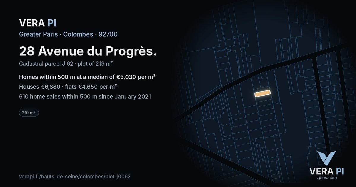 28 Avenue du Progrès, Colombes at night – the plot lit, the parcels around coloured by the prices near them