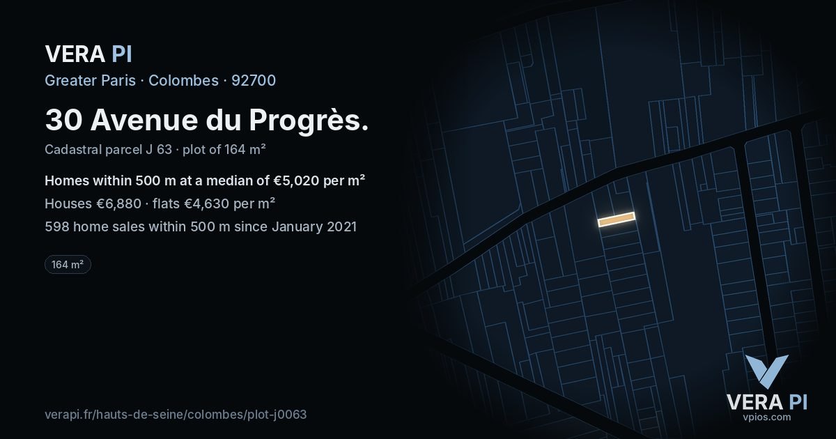 30 Avenue du Progrès, Colombes at night – the plot lit, the parcels around coloured by the prices near them