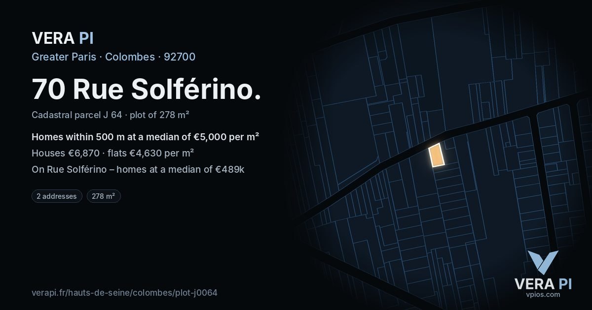 70 Rue Solférino, Colombes at night – the plot lit, the parcels around coloured by the prices near them
