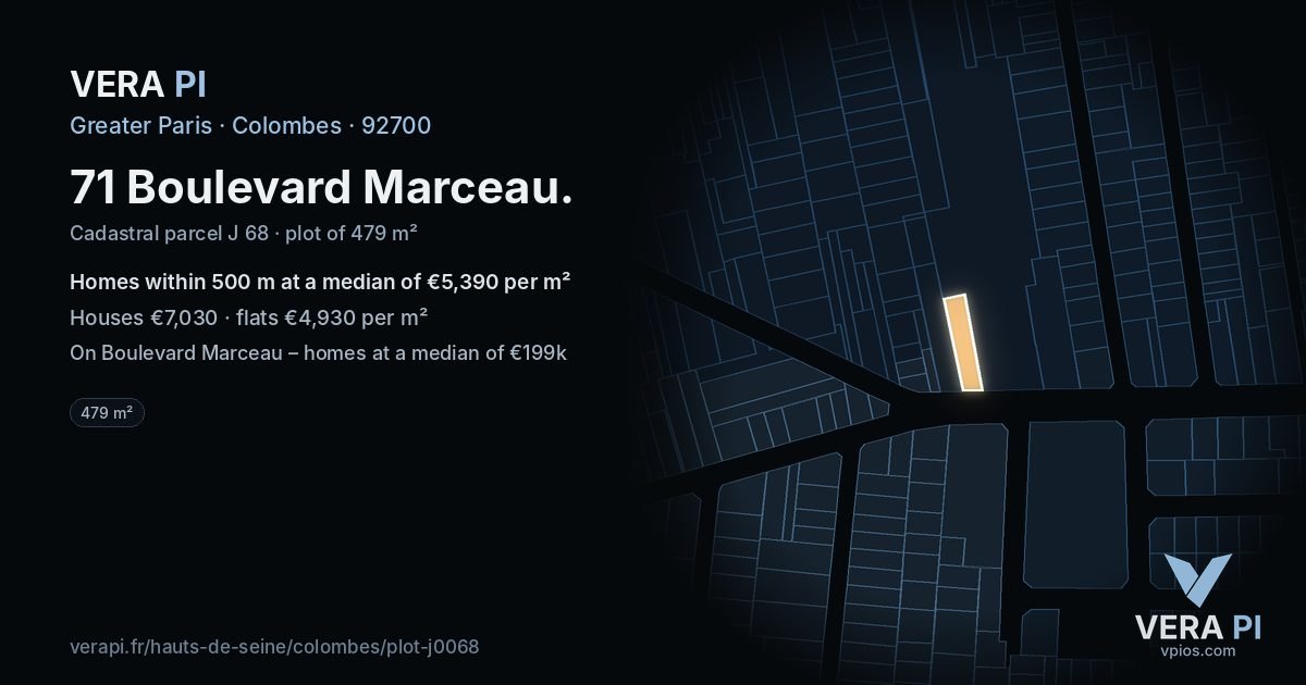 71 Boulevard Marceau, Colombes at night – the plot lit, the parcels around coloured by the prices near them