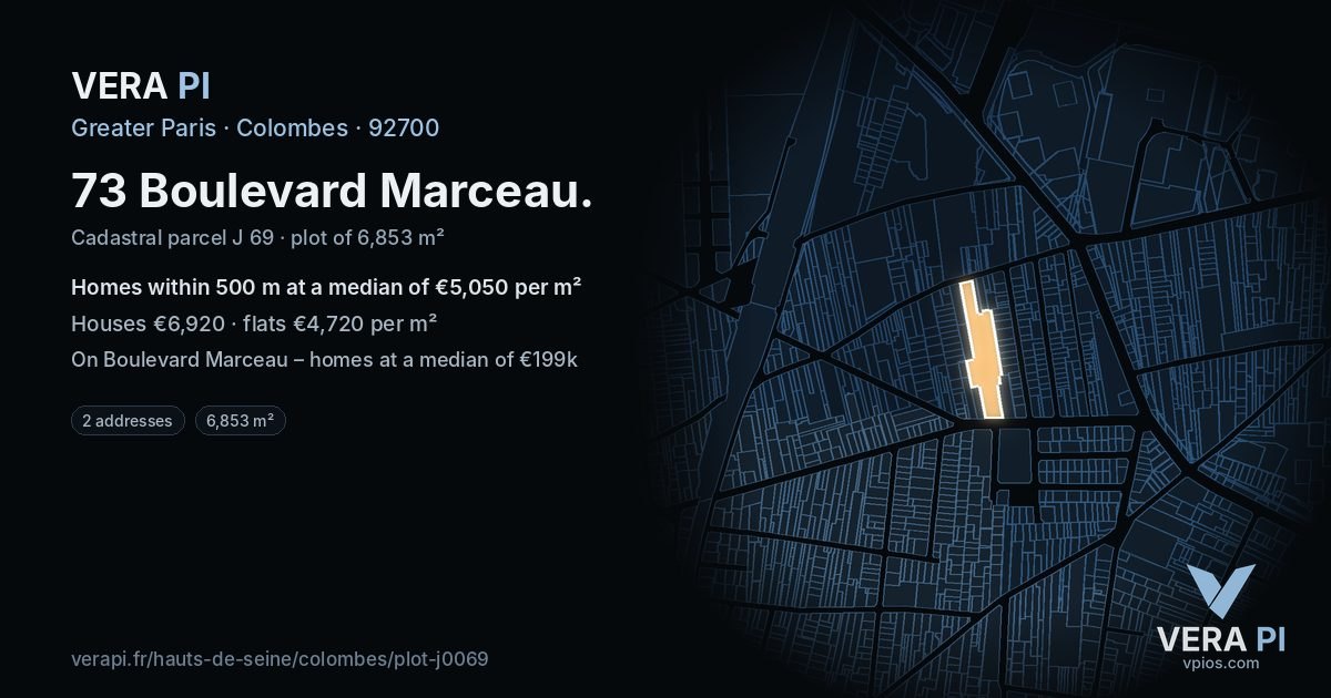 73 Boulevard Marceau, Colombes at night – the plot lit, the parcels around coloured by the prices near them