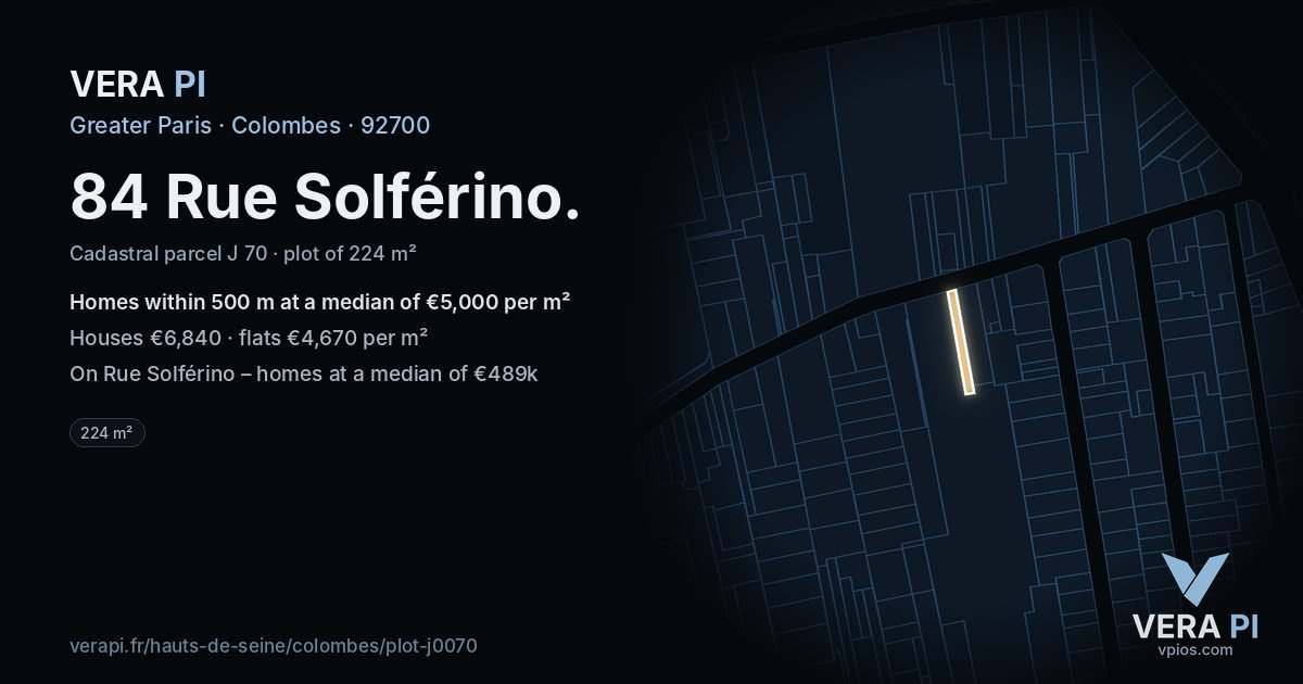 84 Rue Solférino, Colombes at night – the plot lit, the parcels around coloured by the prices near them