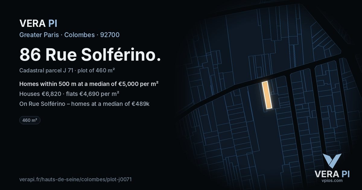 86 Rue Solférino, Colombes at night – the plot lit, the parcels around coloured by the prices near them