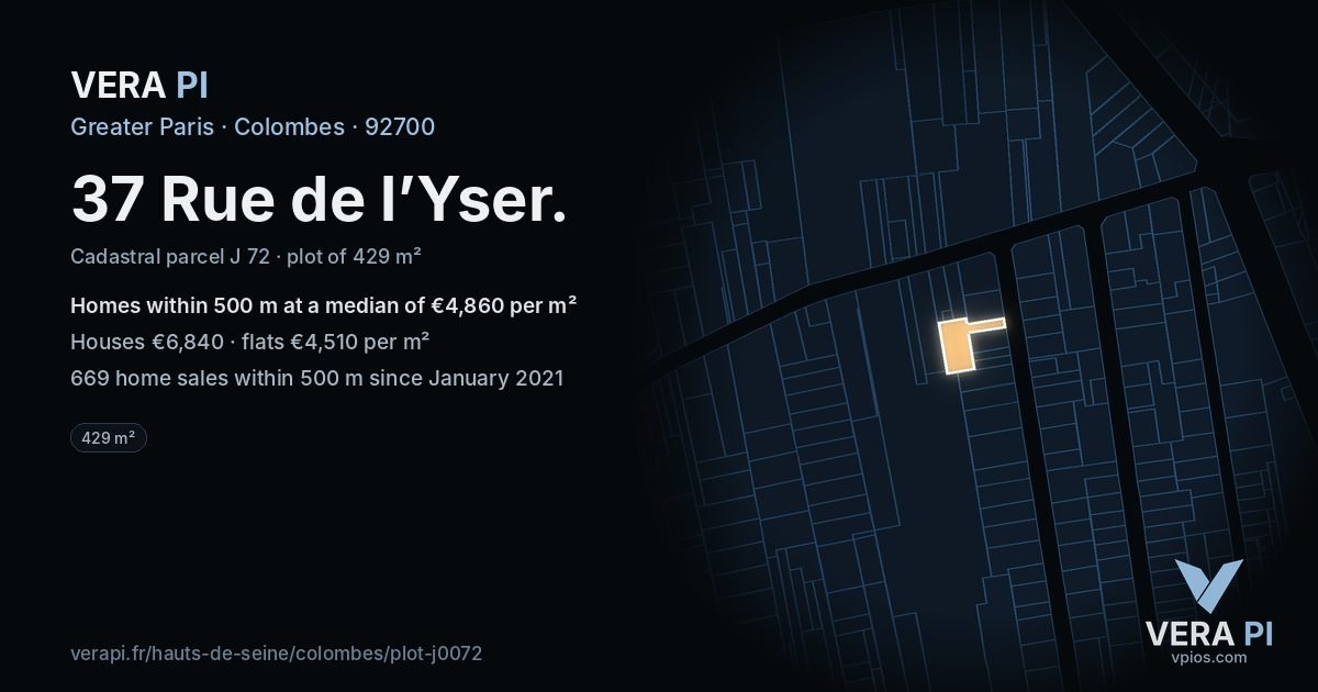 37 Rue de l’Yser, Colombes at night – the plot lit, the parcels around coloured by the prices near them