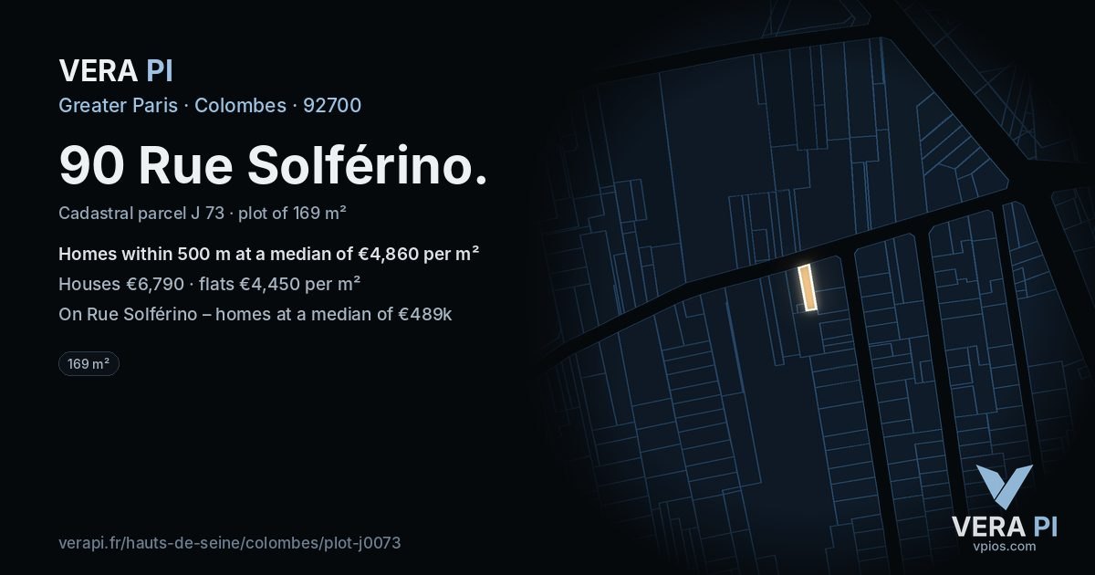 90 Rue Solférino, Colombes at night – the plot lit, the parcels around coloured by the prices near them