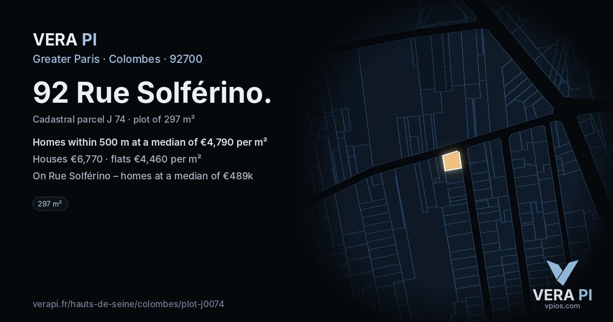 92 Rue Solférino, Colombes at night – the plot lit, the parcels around coloured by the prices near them