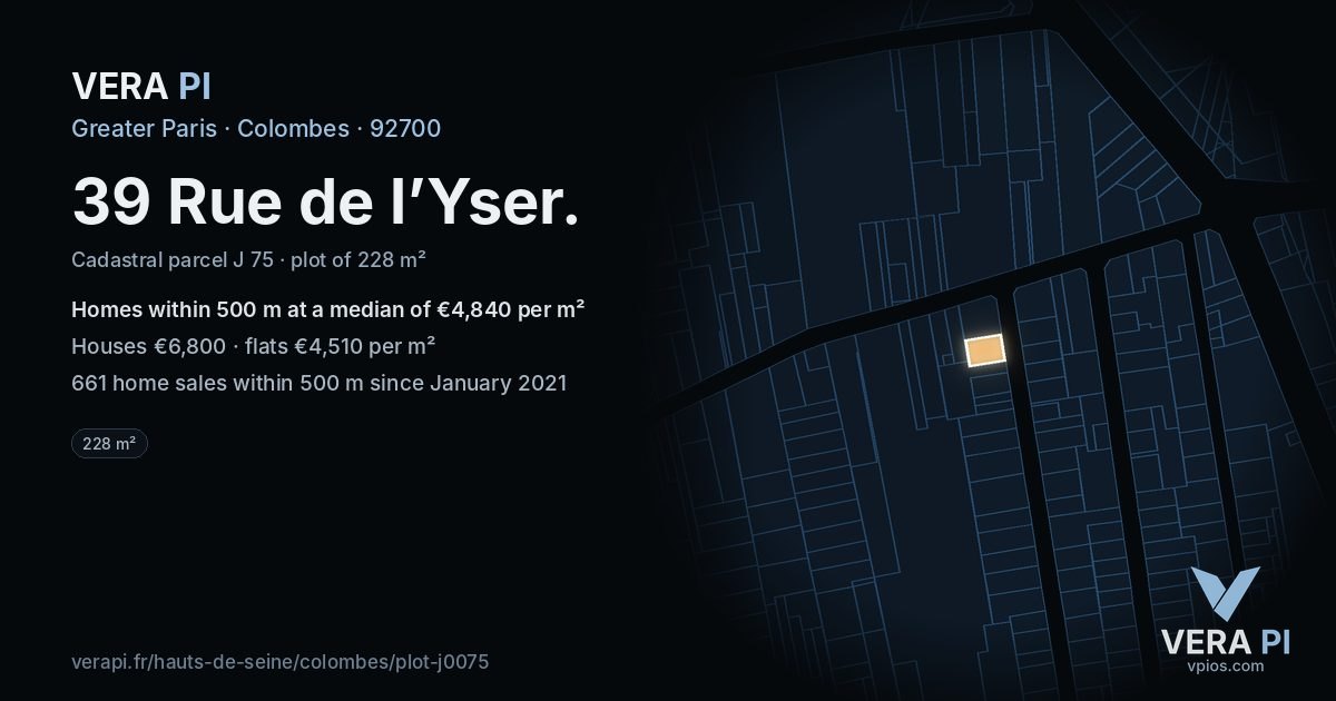 39 Rue de l’Yser, Colombes at night – the plot lit, the parcels around coloured by the prices near them