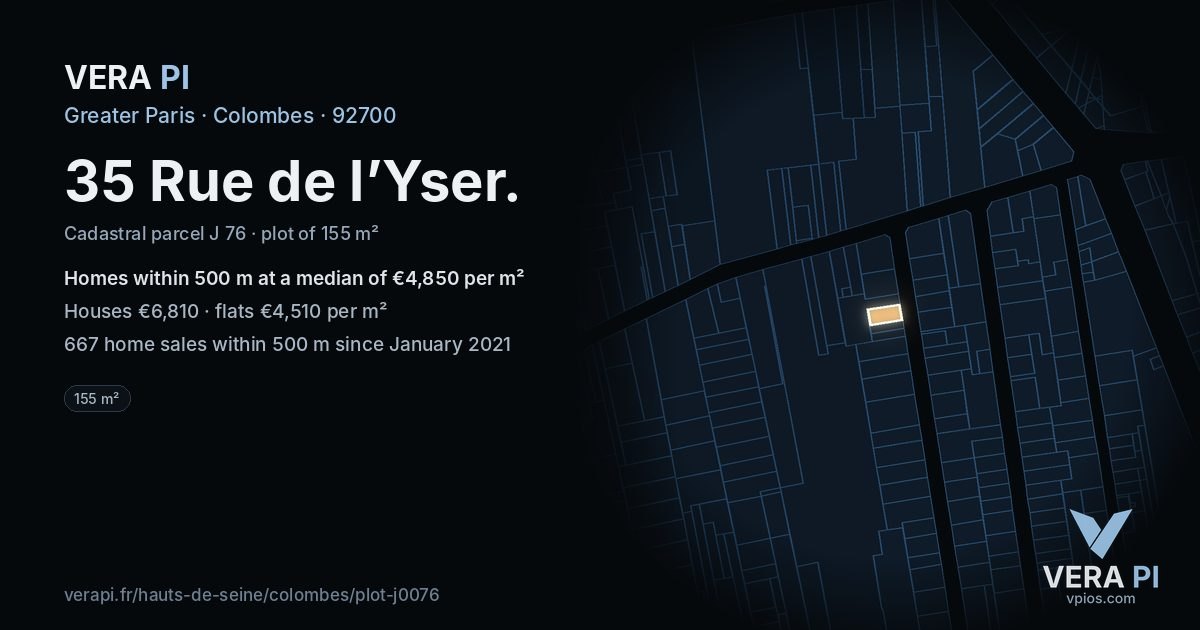35 Rue de l’Yser, Colombes at night – the plot lit, the parcels around coloured by the prices near them