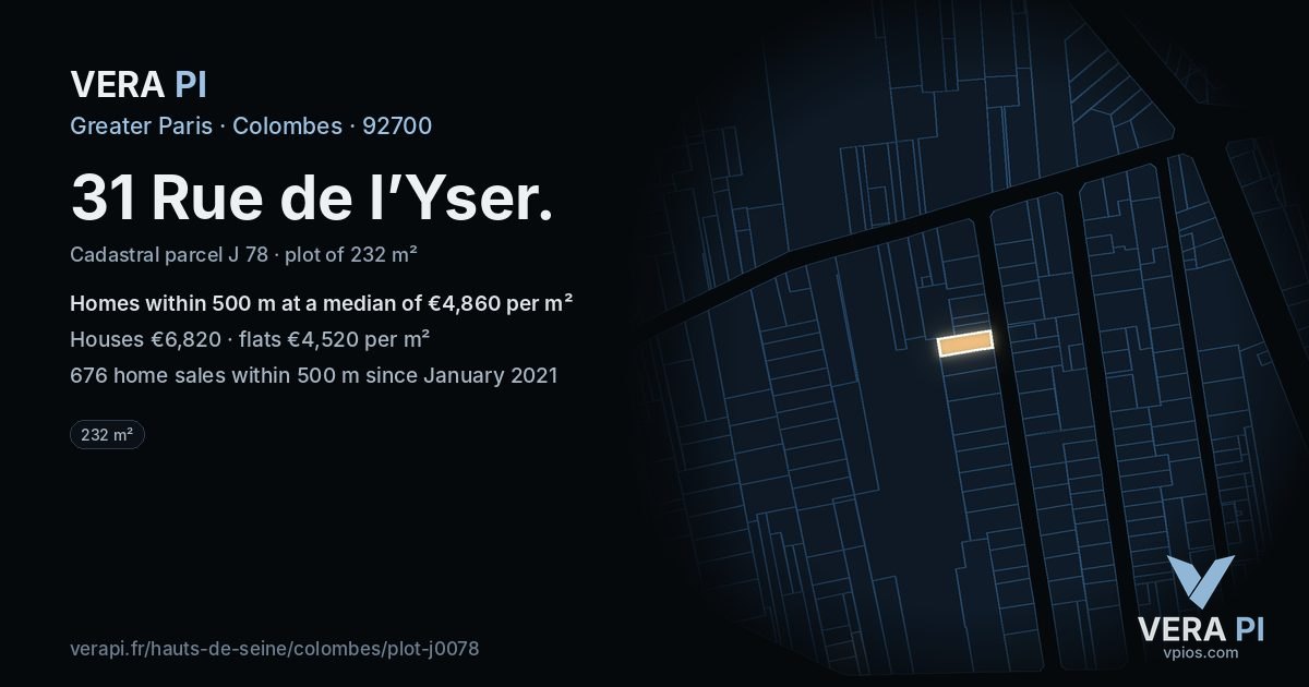 31 Rue de l’Yser, Colombes at night – the plot lit, the parcels around coloured by the prices near them
