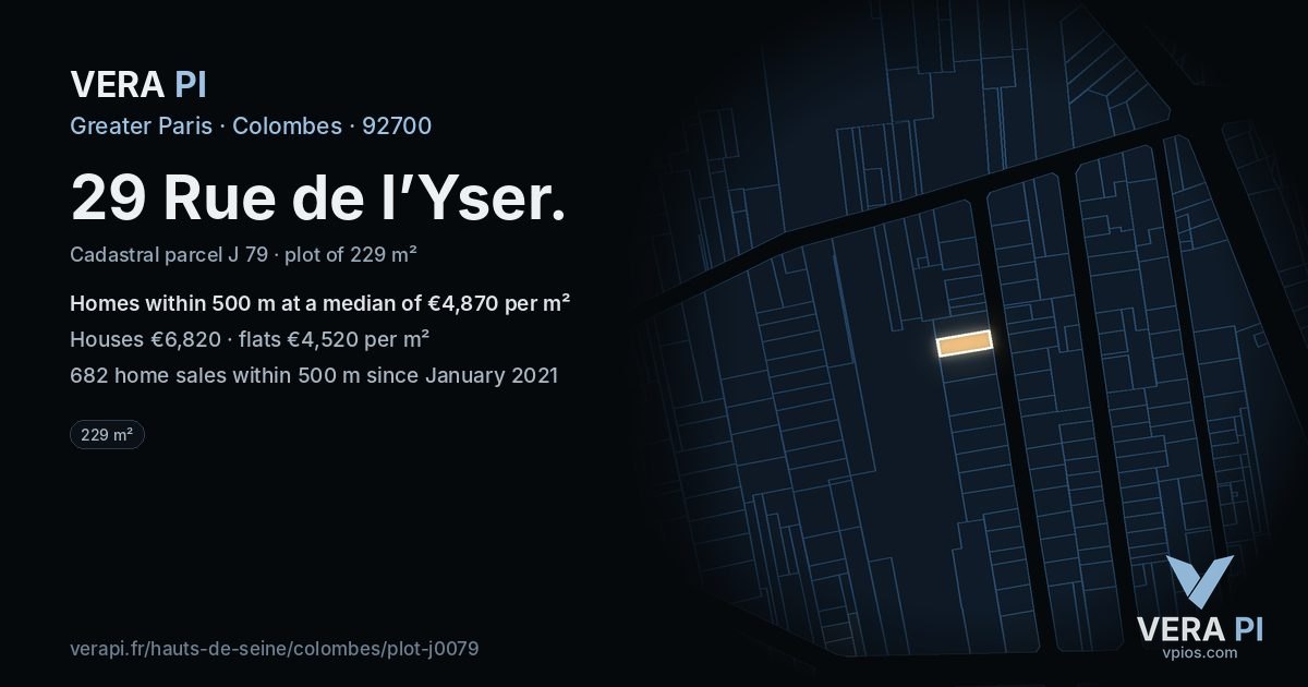 29 Rue de l’Yser, Colombes at night – the plot lit, the parcels around coloured by the prices near them