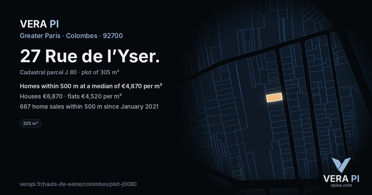 27 Rue de l’Yser, Colombes at night – the plot lit, the parcels around coloured by the prices near them