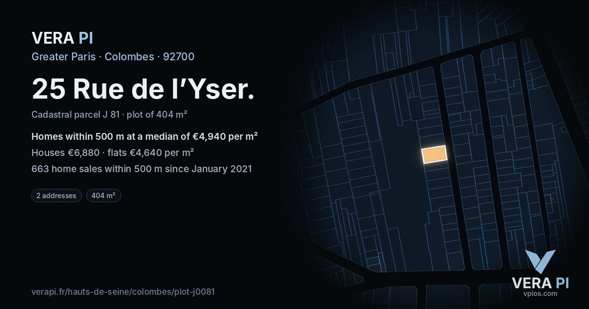25 Rue de l’Yser, Colombes at night – the plot lit, the parcels around coloured by the prices near them