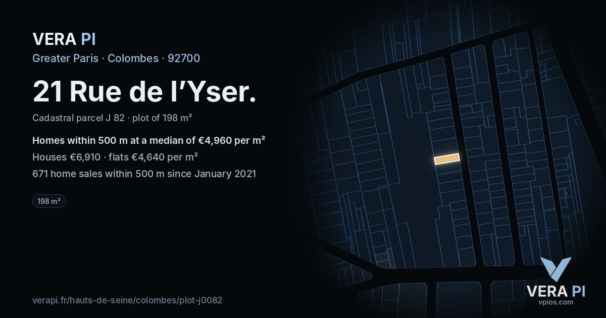 21 Rue de l’Yser, Colombes at night – the plot lit, the parcels around coloured by the prices near them
