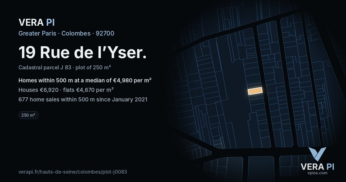 19 Rue de l’Yser, Colombes at night – the plot lit, the parcels around coloured by the prices near them