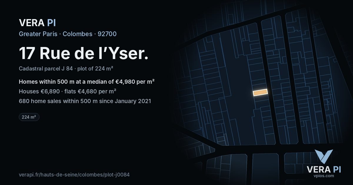 17 Rue de l’Yser, Colombes at night – the plot lit, the parcels around coloured by the prices near them