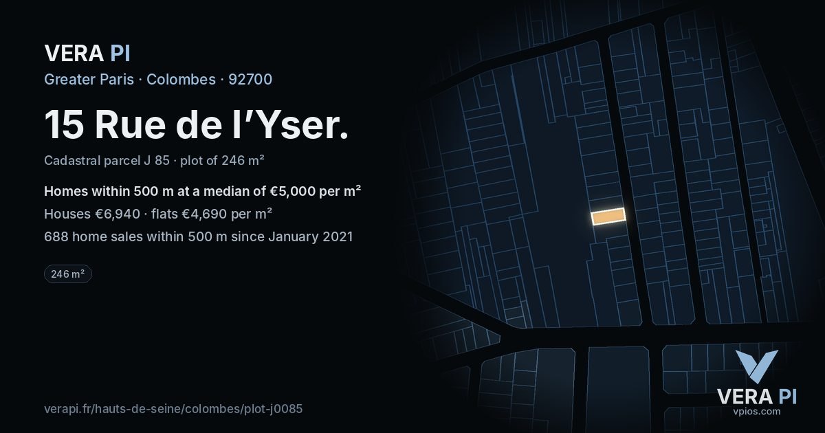 15 Rue de l’Yser, Colombes at night – the plot lit, the parcels around coloured by the prices near them