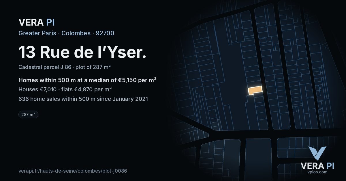13 Rue de l’Yser, Colombes at night – the plot lit, the parcels around coloured by the prices near them
