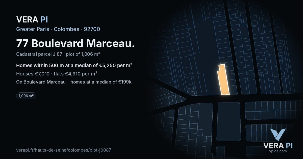 77 Boulevard Marceau, Colombes at night – the plot lit, the parcels around coloured by the prices near them
