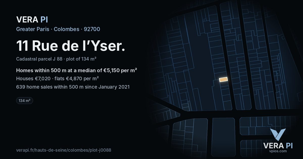 11 Rue de l’Yser, Colombes at night – the plot lit, the parcels around coloured by the prices near them