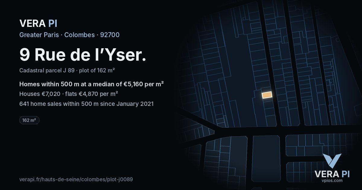 9 Rue de l’Yser, Colombes at night – the plot lit, the parcels around coloured by the prices near them
