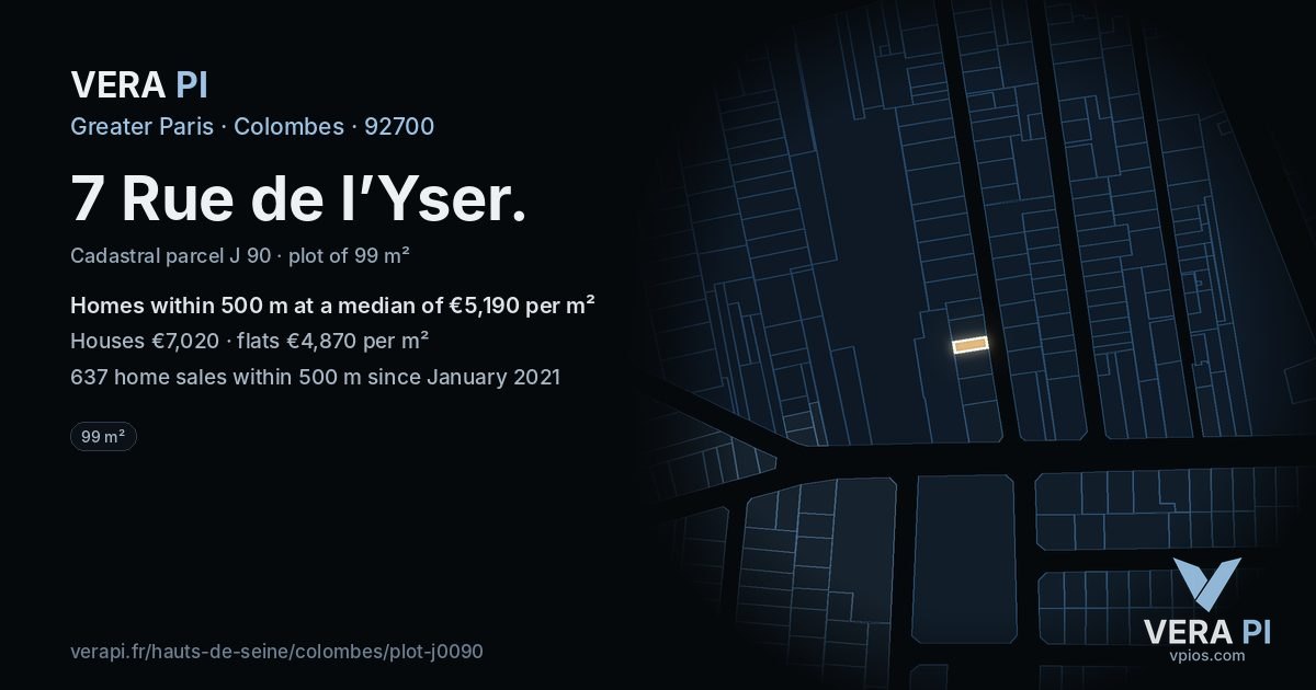 7 Rue de l’Yser, Colombes at night – the plot lit, the parcels around coloured by the prices near them