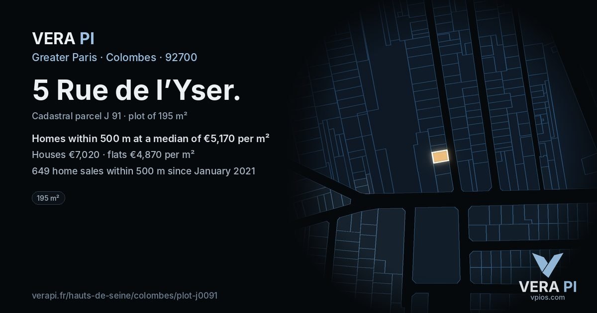 5 Rue de l’Yser, Colombes at night – the plot lit, the parcels around coloured by the prices near them