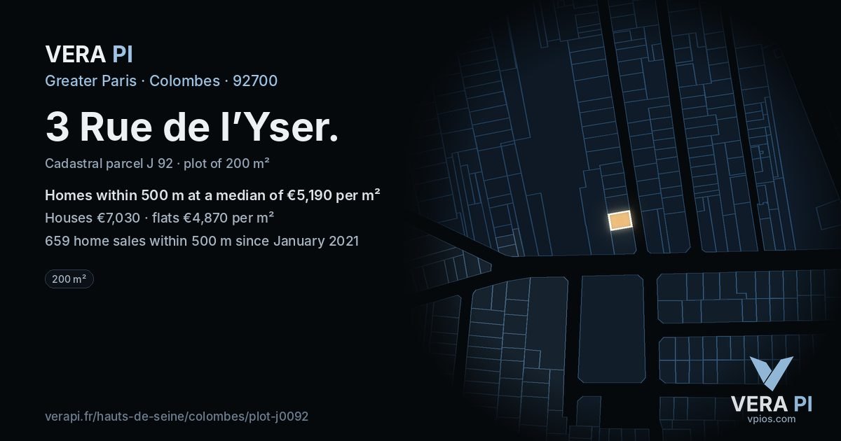3 Rue de l’Yser, Colombes at night – the plot lit, the parcels around coloured by the prices near them