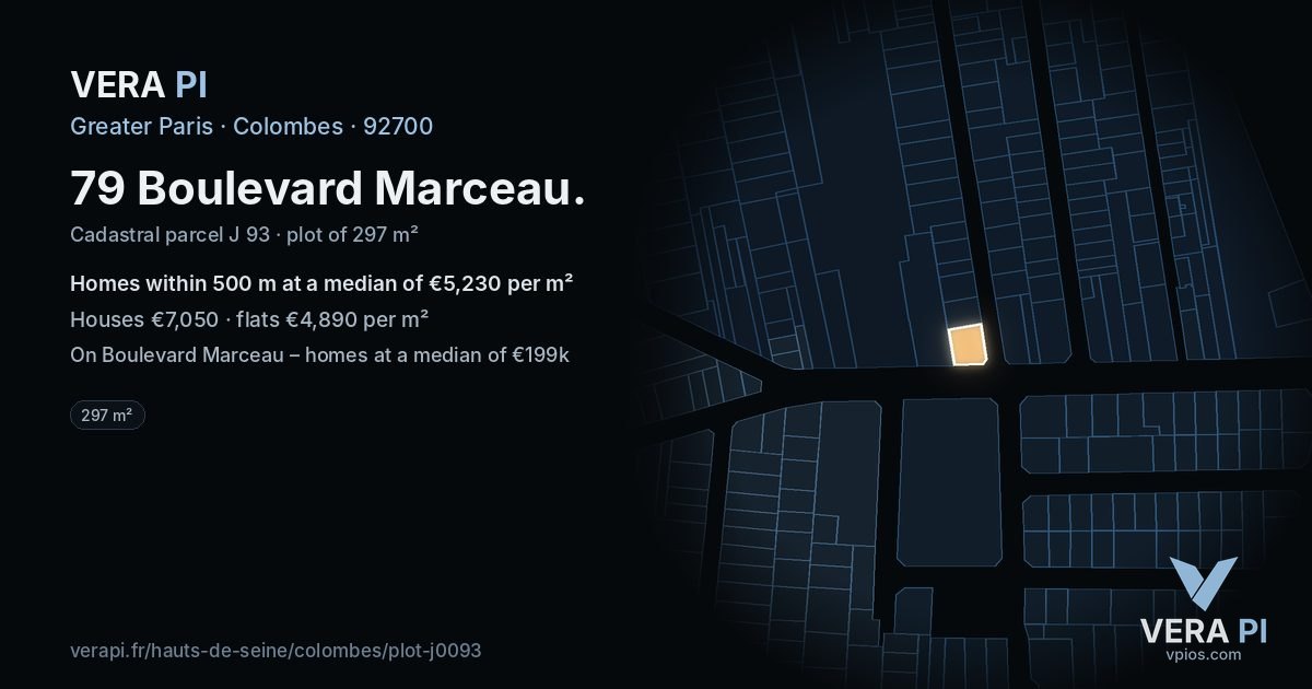 79 Boulevard Marceau, Colombes at night – the plot lit, the parcels around coloured by the prices near them