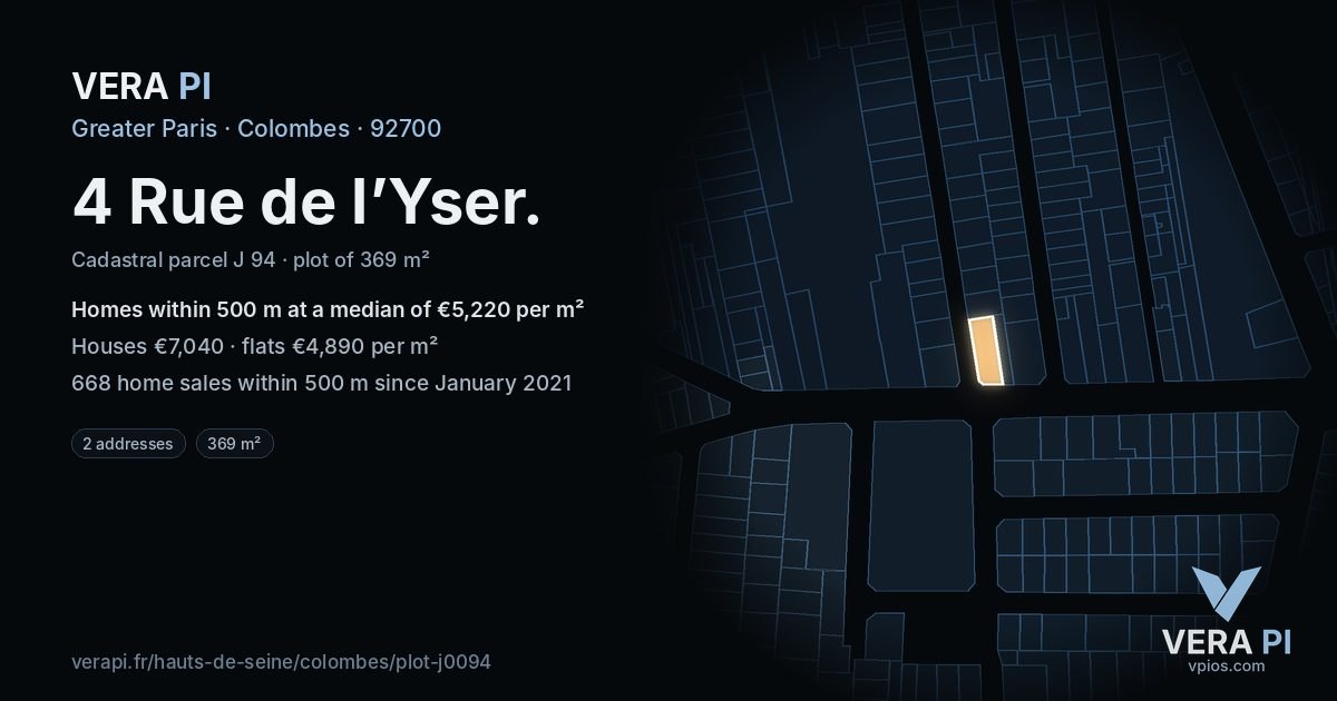 4 Rue de l’Yser, Colombes at night – the plot lit, the parcels around coloured by the prices near them
