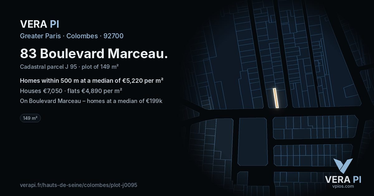 83 Boulevard Marceau, Colombes at night – the plot lit, the parcels around coloured by the prices near them