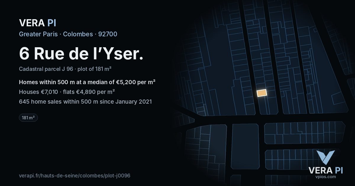 6 Rue de l’Yser, Colombes at night – the plot lit, the parcels around coloured by the prices near them