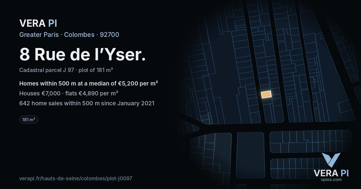 8 Rue de l’Yser, Colombes at night – the plot lit, the parcels around coloured by the prices near them