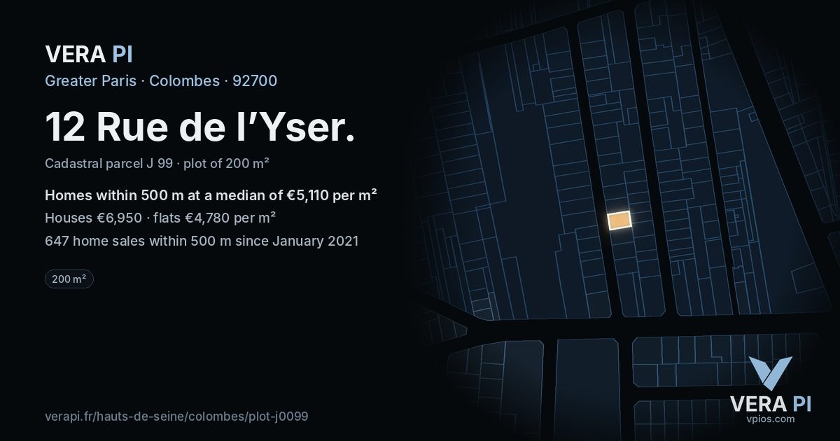 12 Rue de l’Yser, Colombes at night – the plot lit, the parcels around coloured by the prices near them