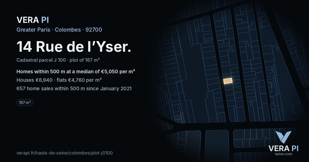 14 Rue de l’Yser, Colombes at night – the plot lit, the parcels around coloured by the prices near them