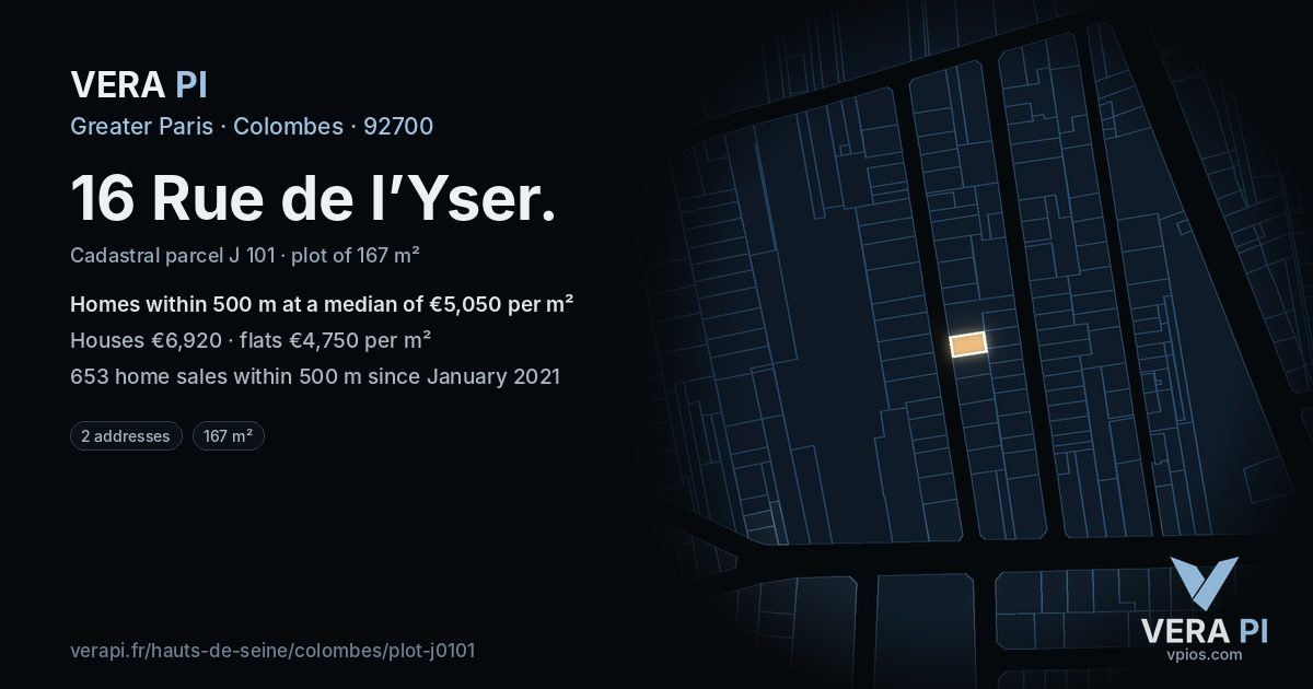 16 Rue de l’Yser, Colombes at night – the plot lit, the parcels around coloured by the prices near them