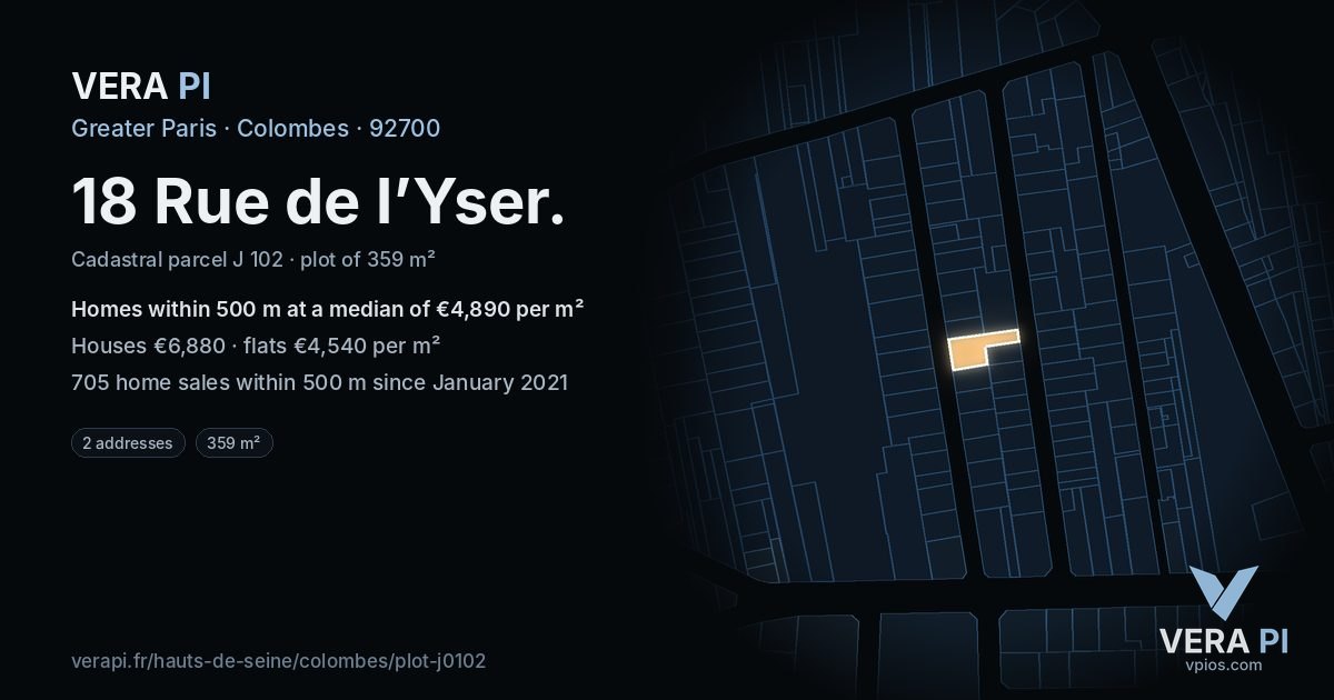 18 Rue de l’Yser, Colombes at night – the plot lit, the parcels around coloured by the prices near them
