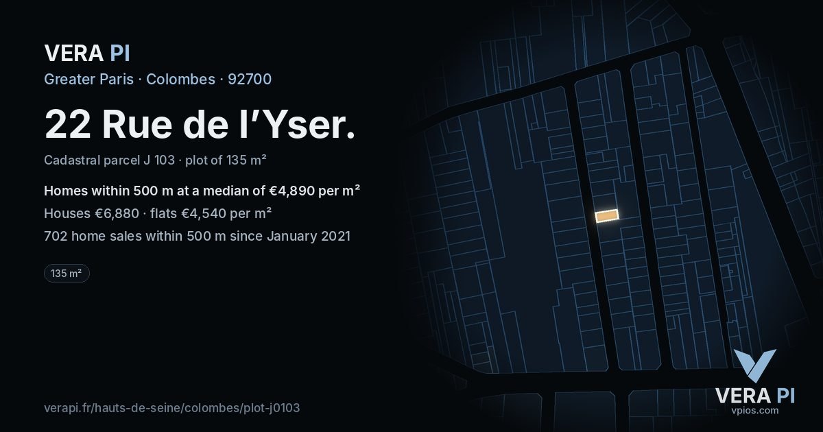 22 Rue de l’Yser, Colombes at night – the plot lit, the parcels around coloured by the prices near them