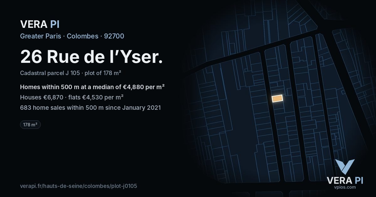 26 Rue de l’Yser, Colombes at night – the plot lit, the parcels around coloured by the prices near them
