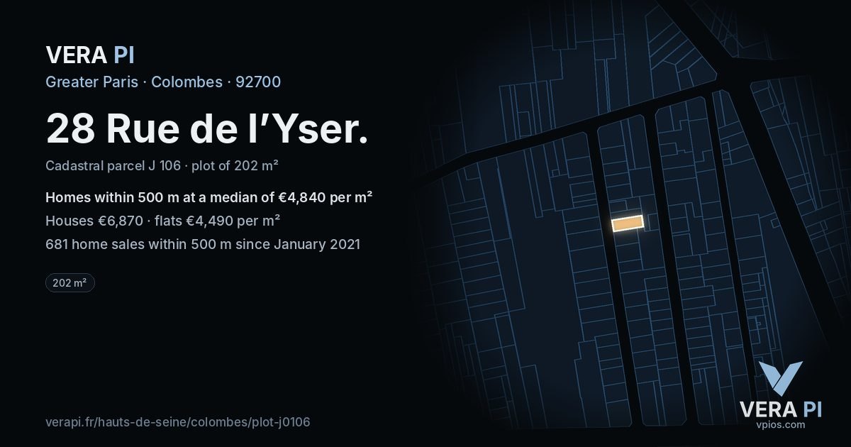 28 Rue de l’Yser, Colombes at night – the plot lit, the parcels around coloured by the prices near them