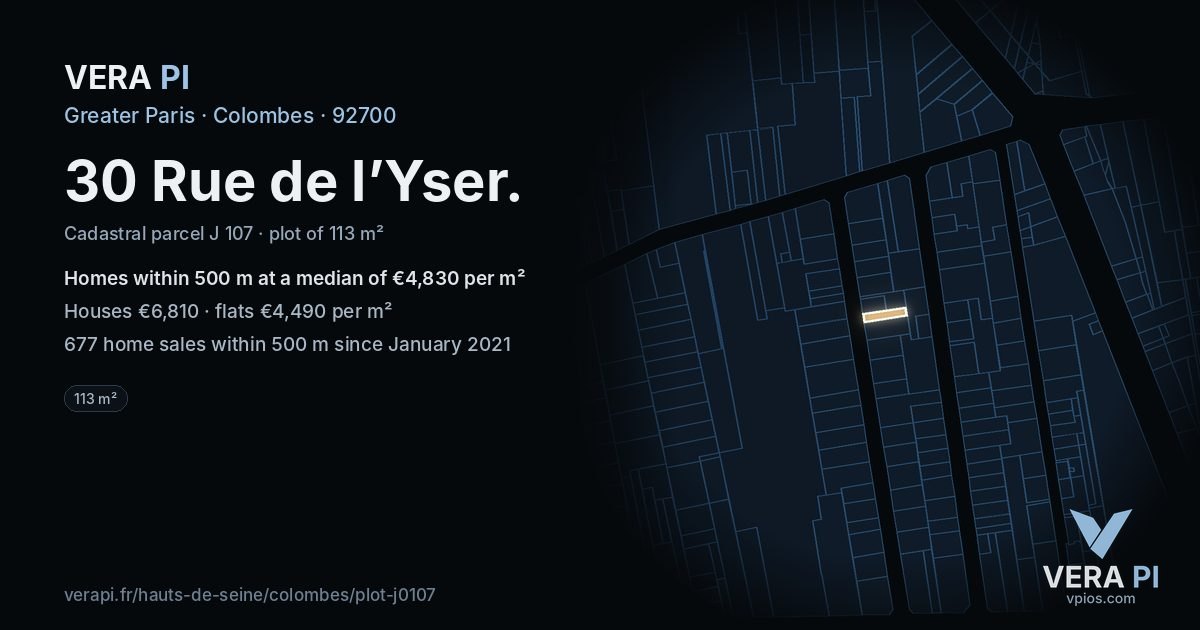 30 Rue de l’Yser, Colombes at night – the plot lit, the parcels around coloured by the prices near them