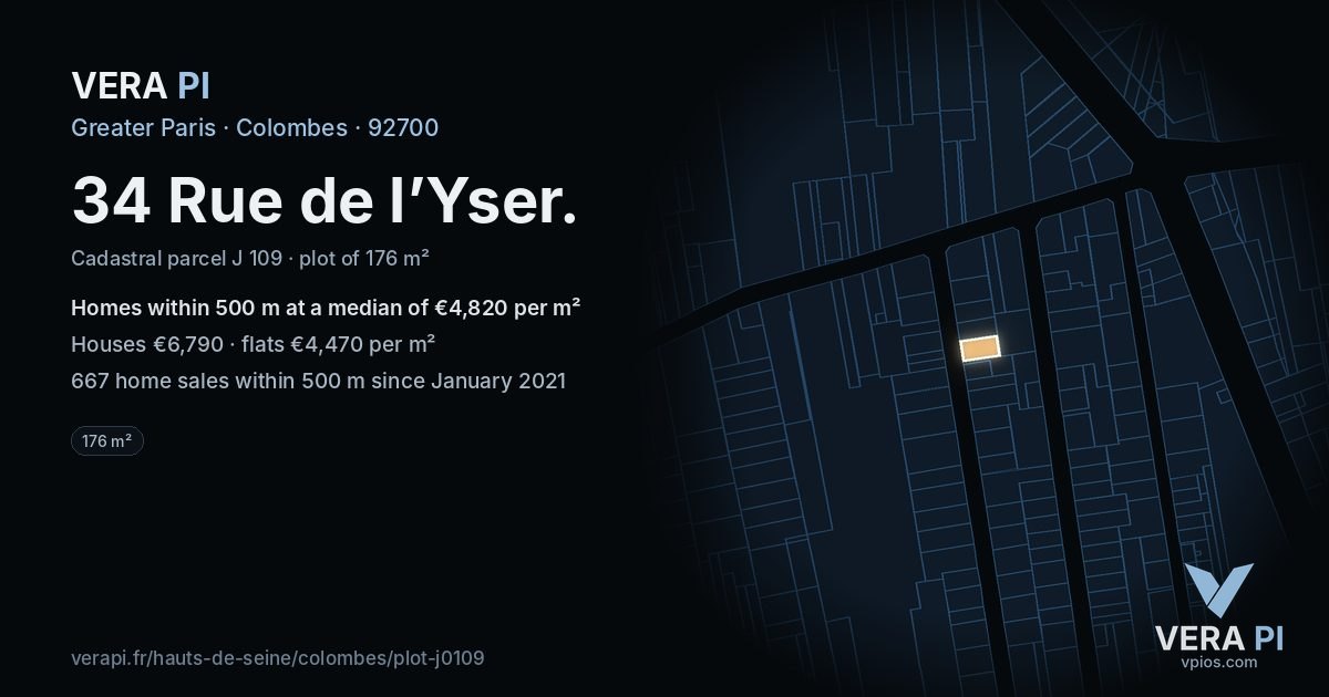 34 Rue de l’Yser, Colombes at night – the plot lit, the parcels around coloured by the prices near them
